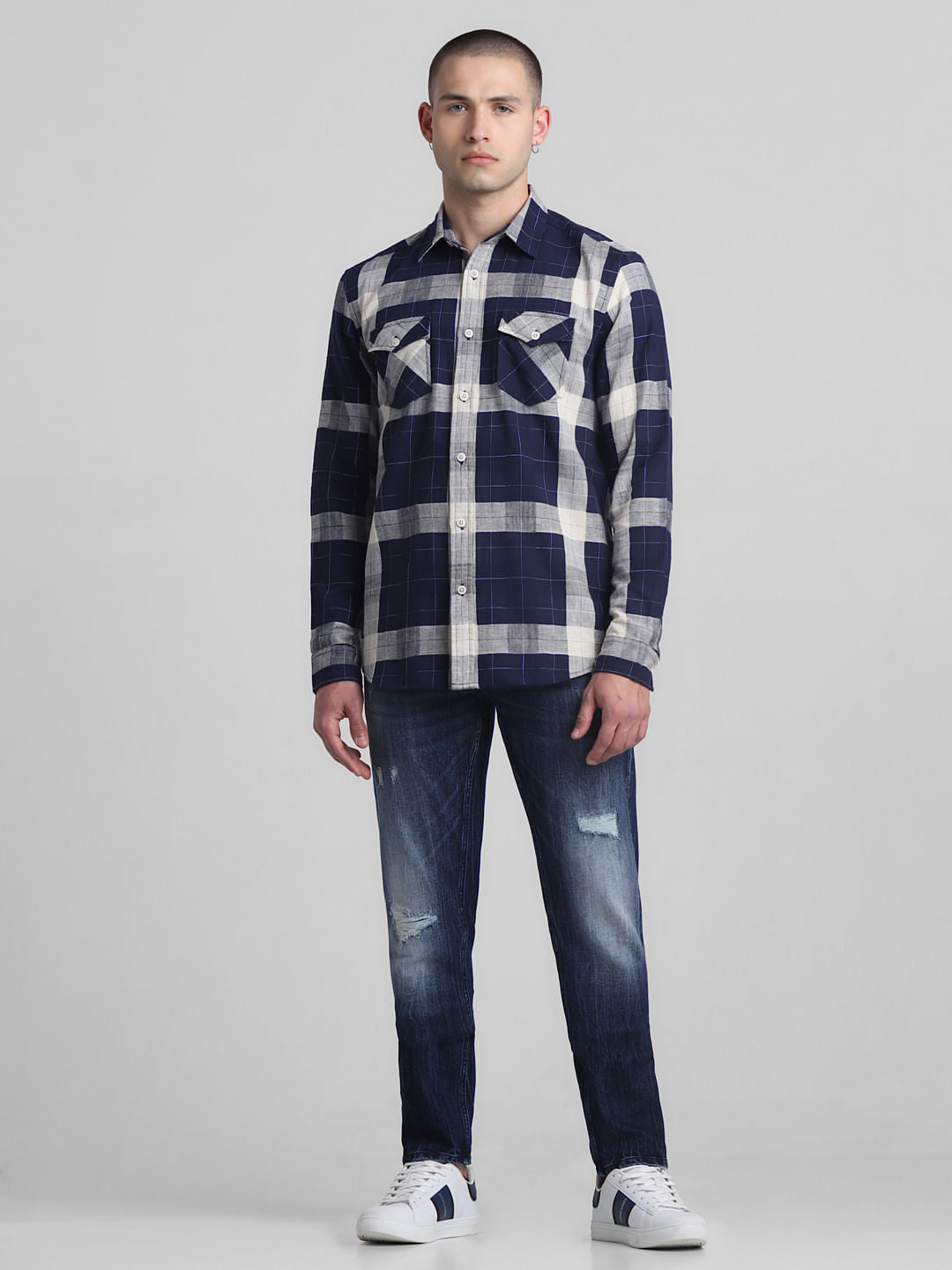 Navy Blue Check Full Sleeves Shirt