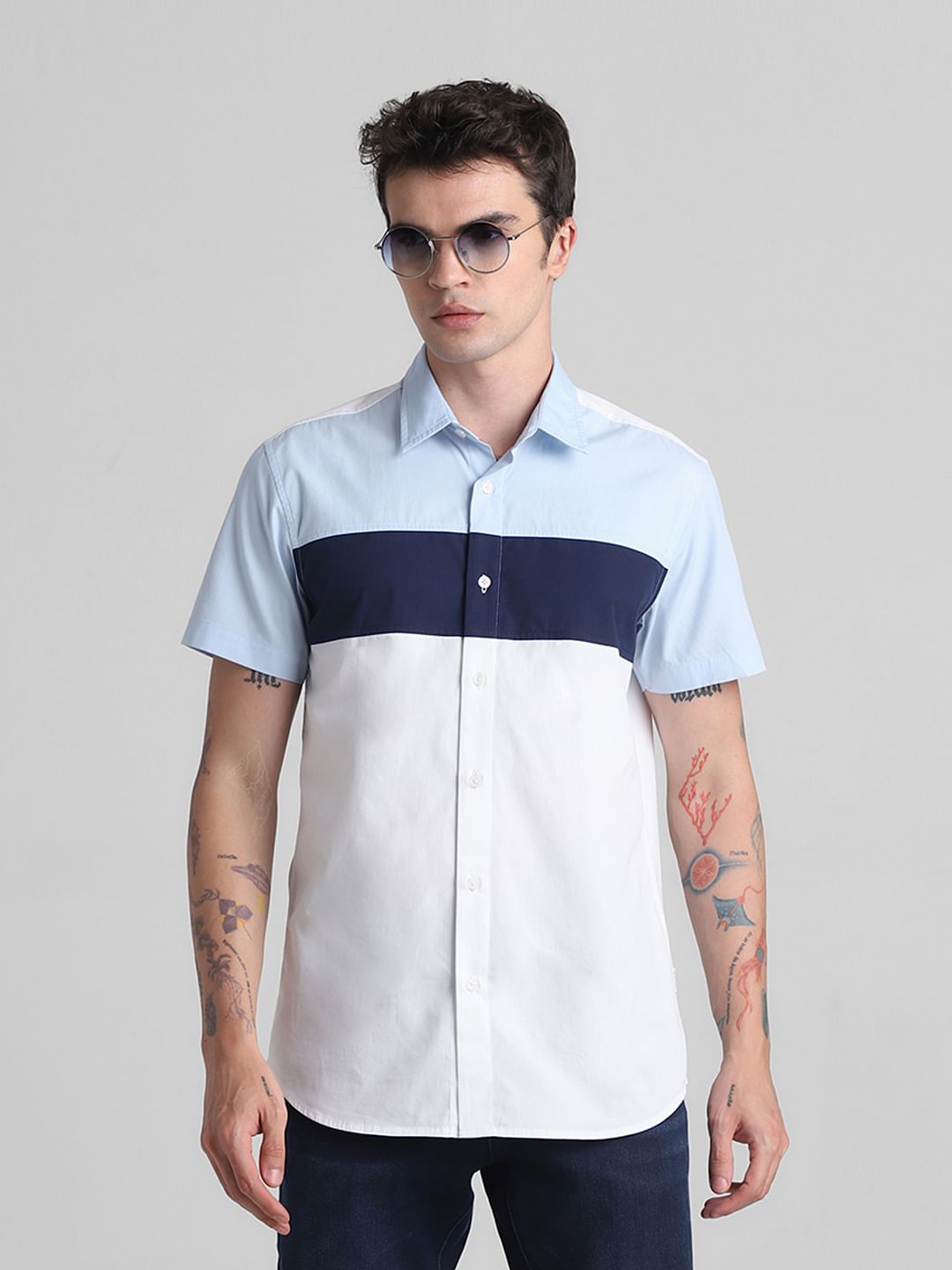 Blue Colourblocked Short Sleeves Shirt - S