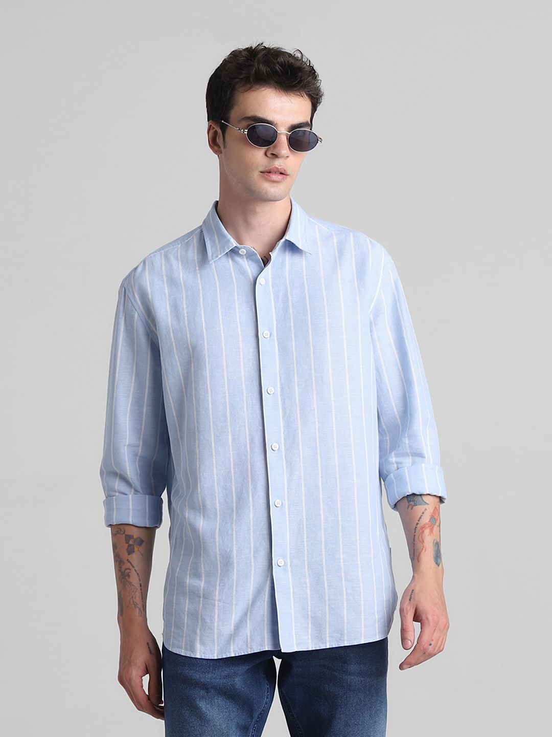 Blue Striped Full Sleeves Shirt - S