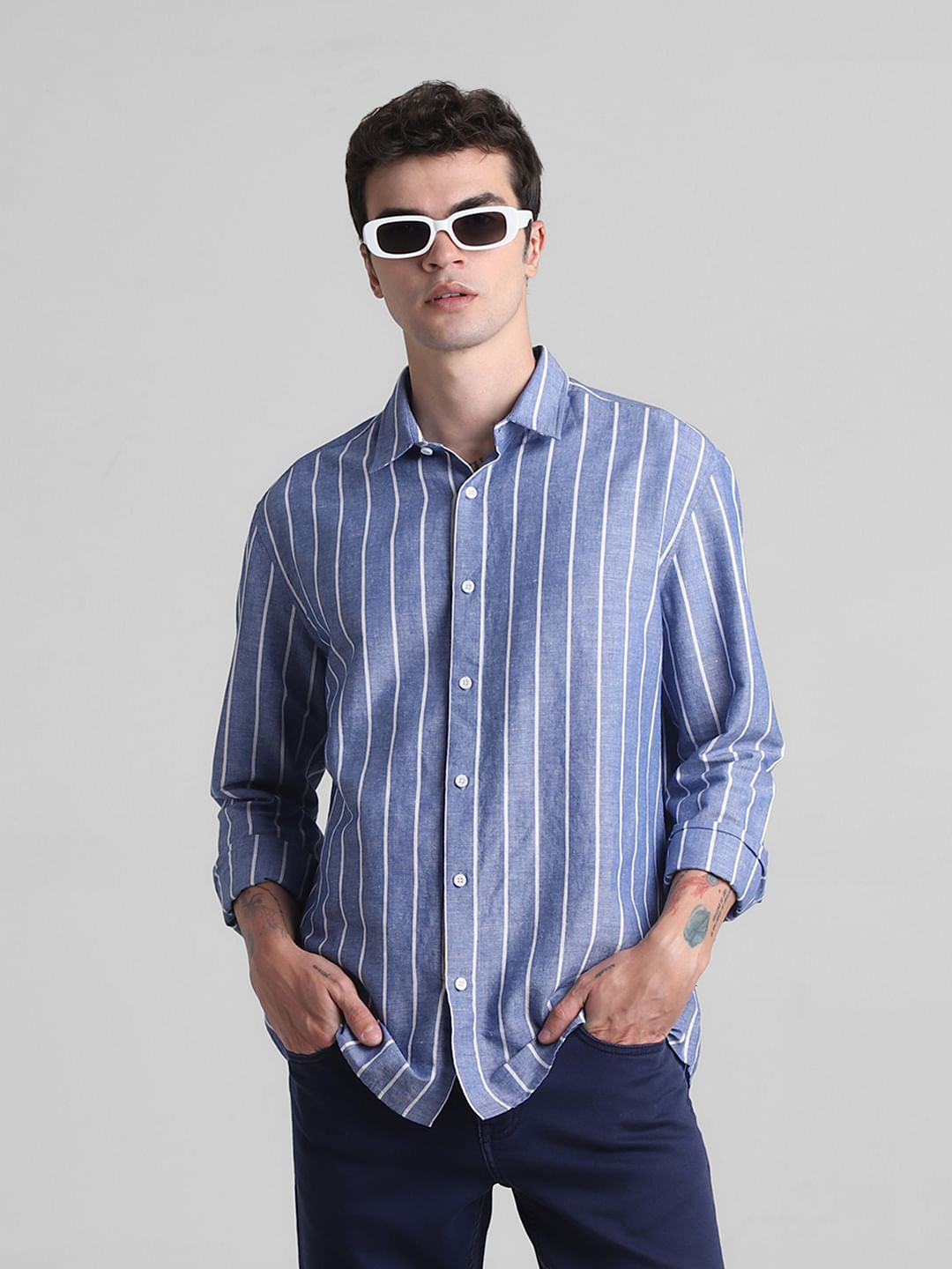 Blue Striped Full Sleeves Shirt - S