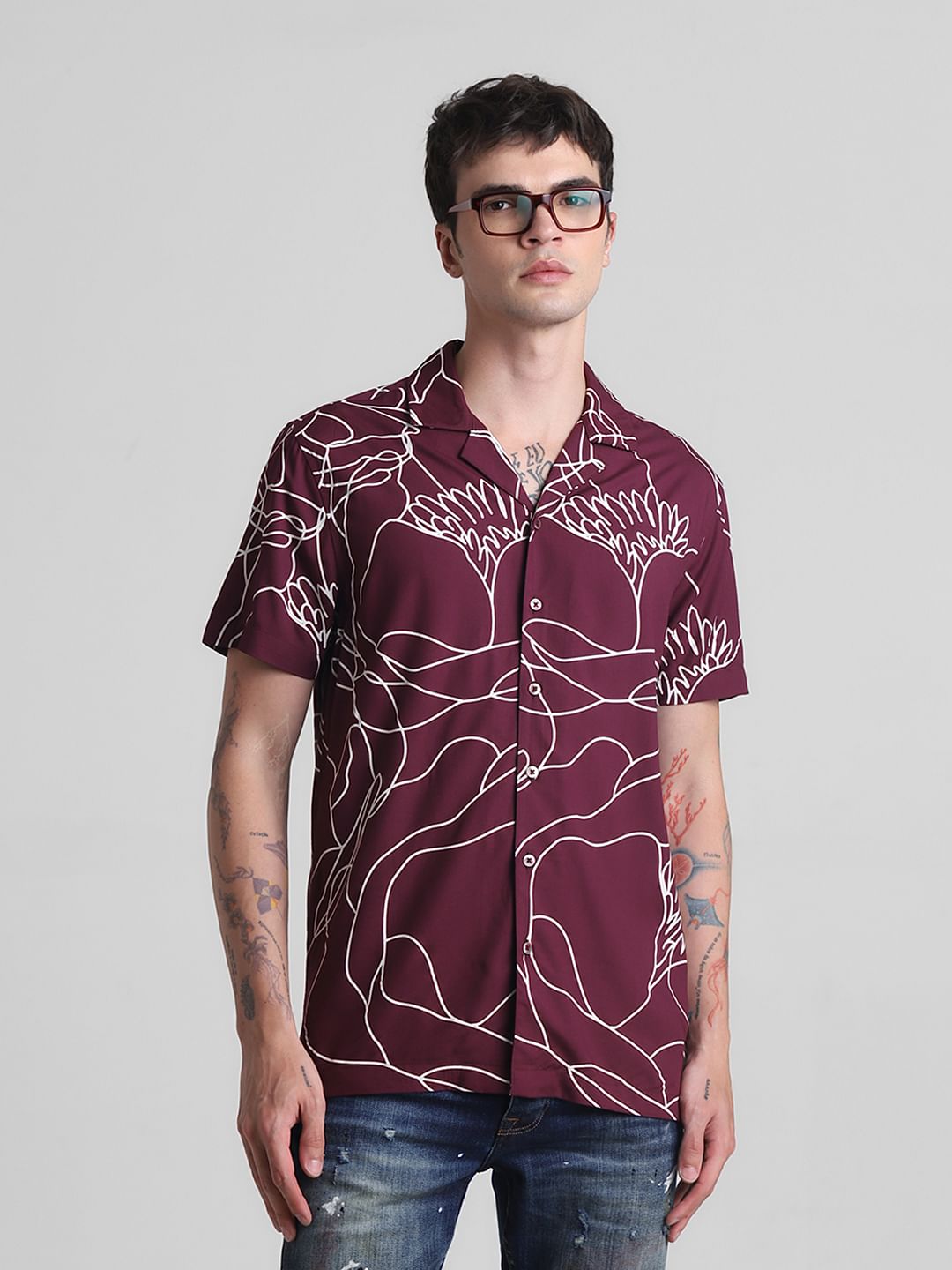 Wine Printed Short Sleeves Shirt - S