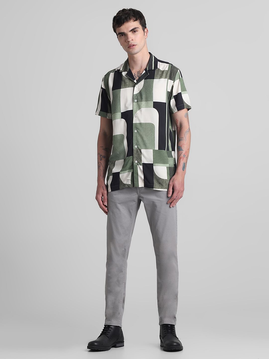 Green Printed Short Sleeves Shirt