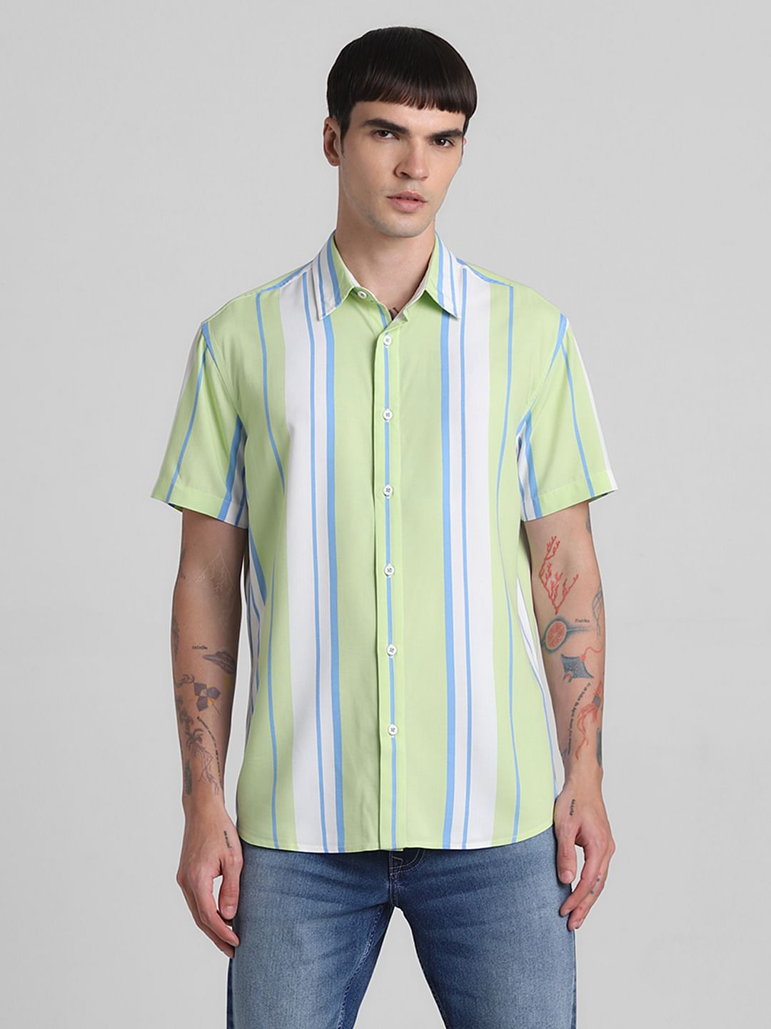 Green Striped Short Sleeves Shirt