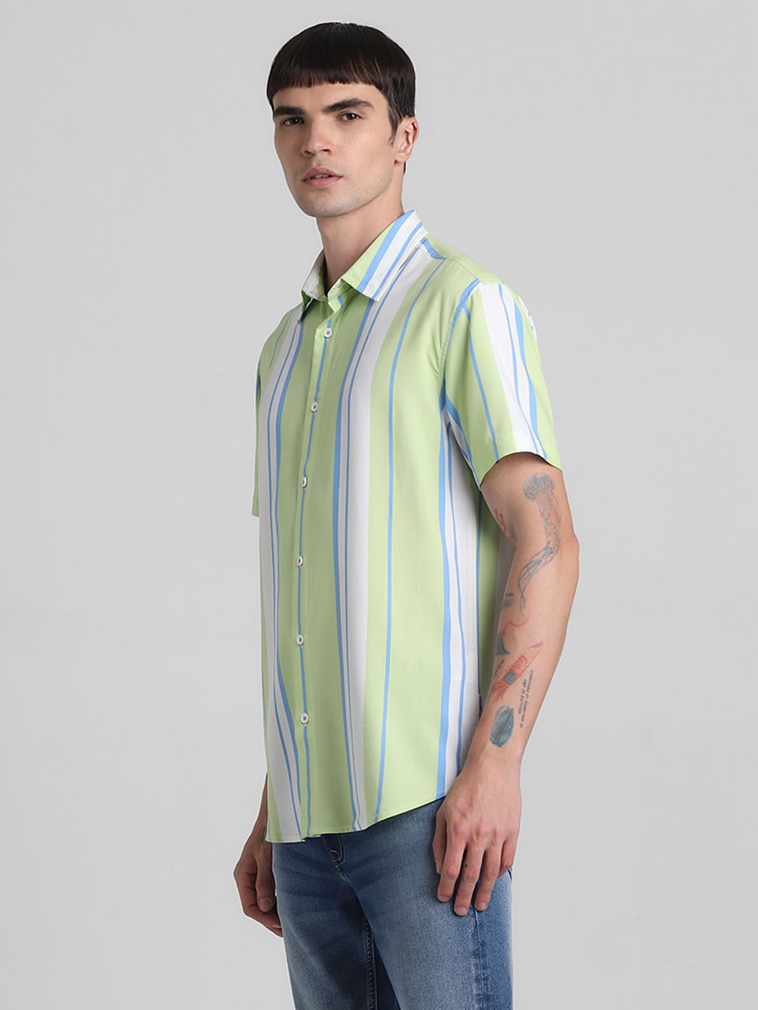 Green Striped Short Sleeves Shirt