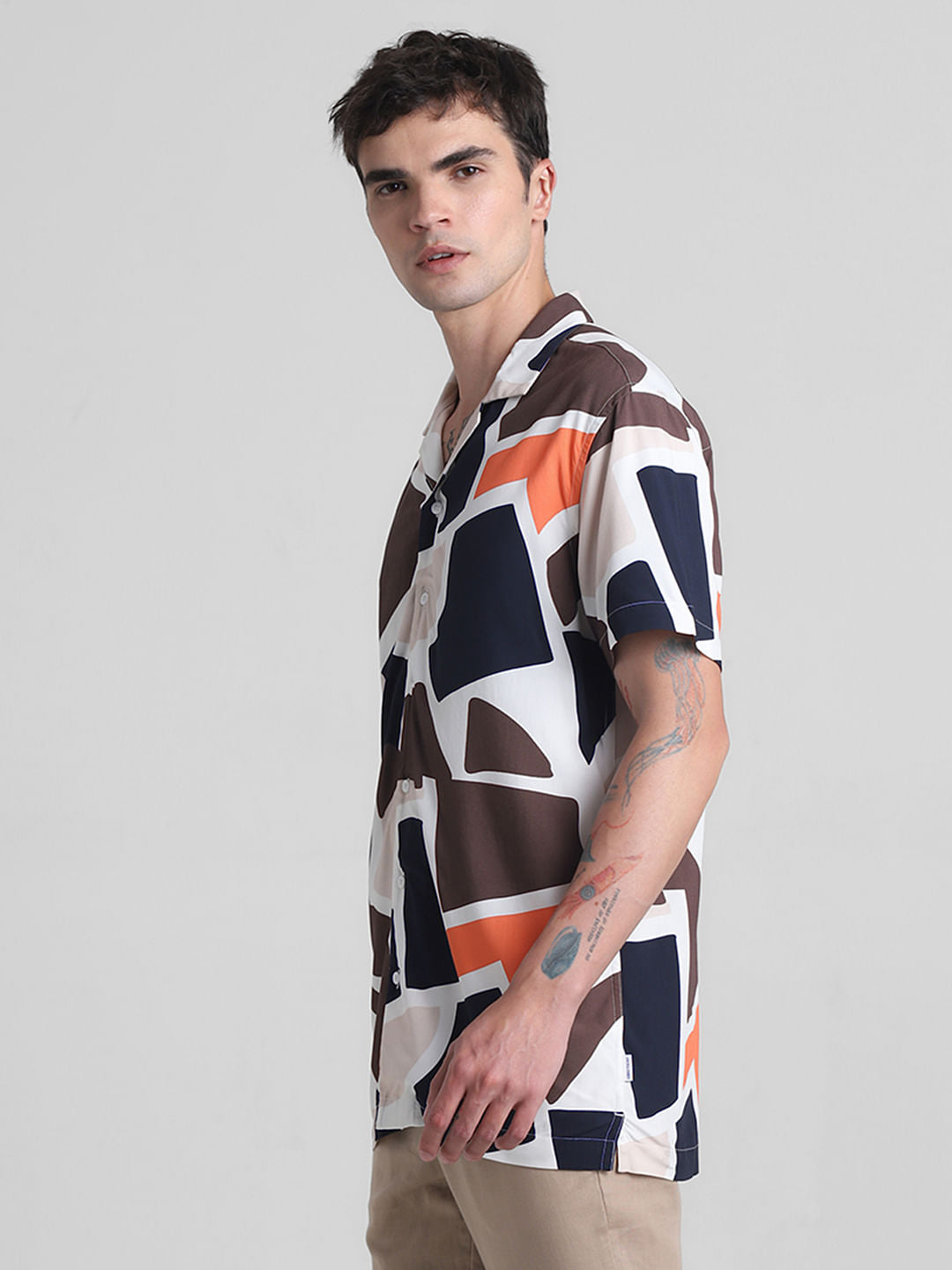 Brown Printed Short Sleeves Shirt