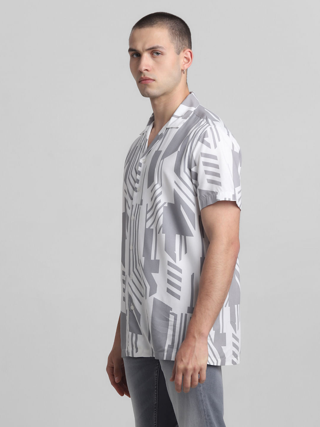 White Abstract Print Short Sleeves Shirt
