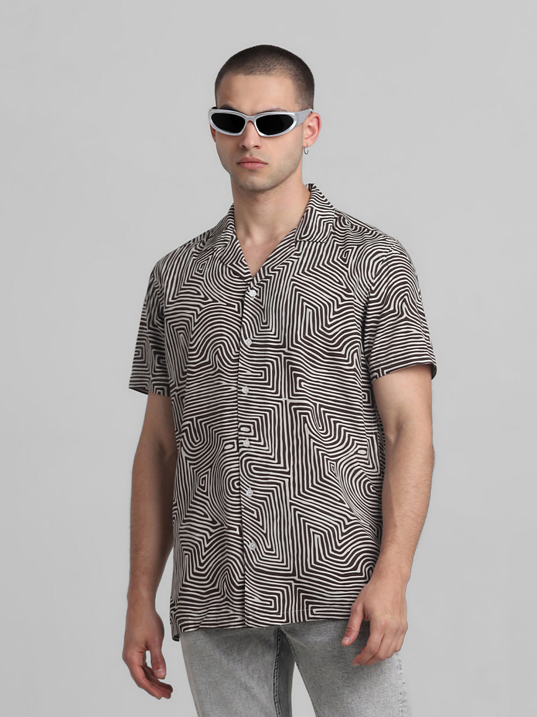 Black Abstract Print Short Sleeves Shirt