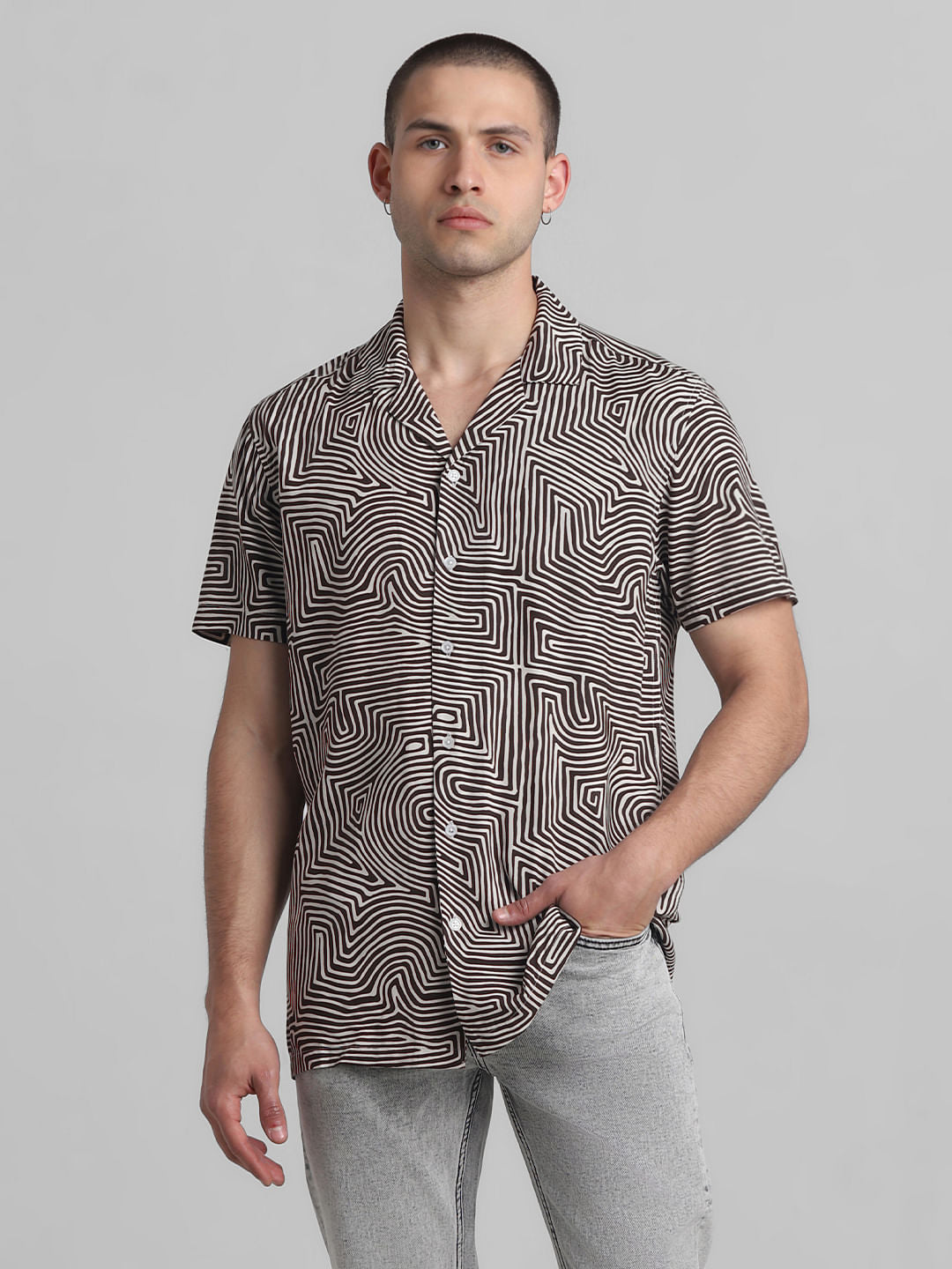 Black Abstract Print Short Sleeves Shirt