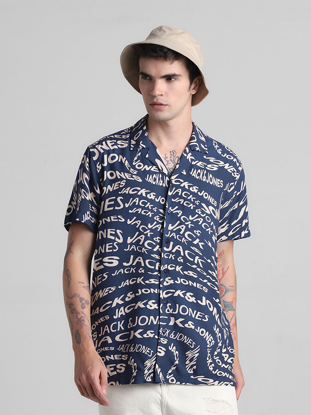 Blue Typographic Print Short Sleeves Shirt - S