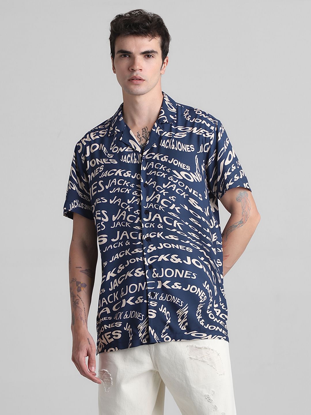Blue Typographic Print Short Sleeves Shirt
