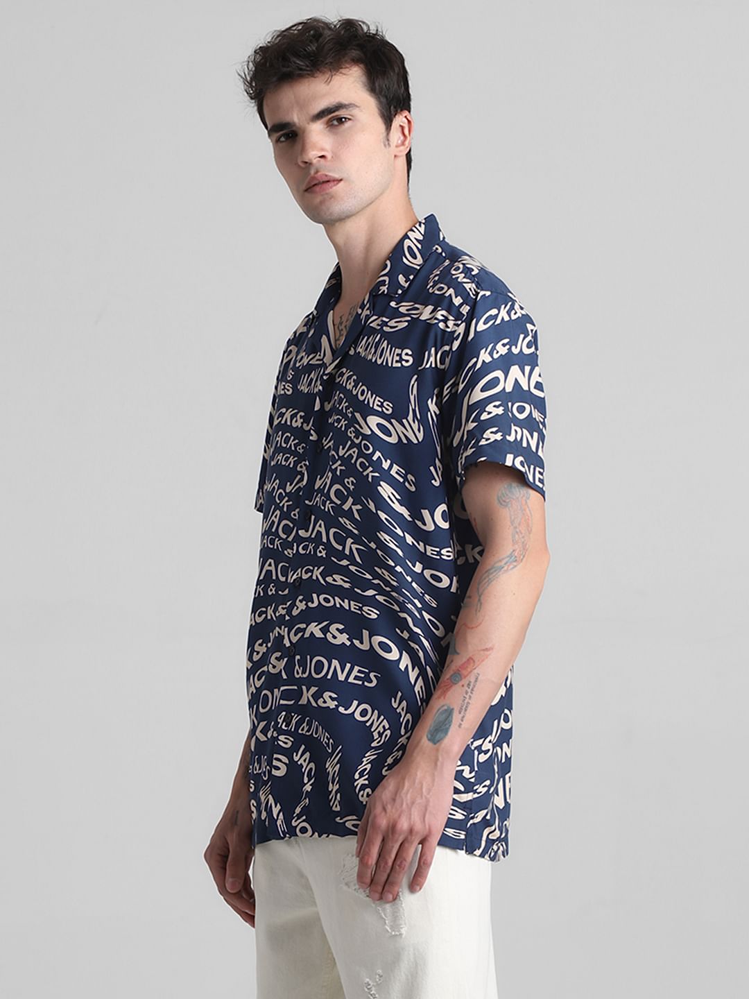 Blue Typographic Print Short Sleeves Shirt