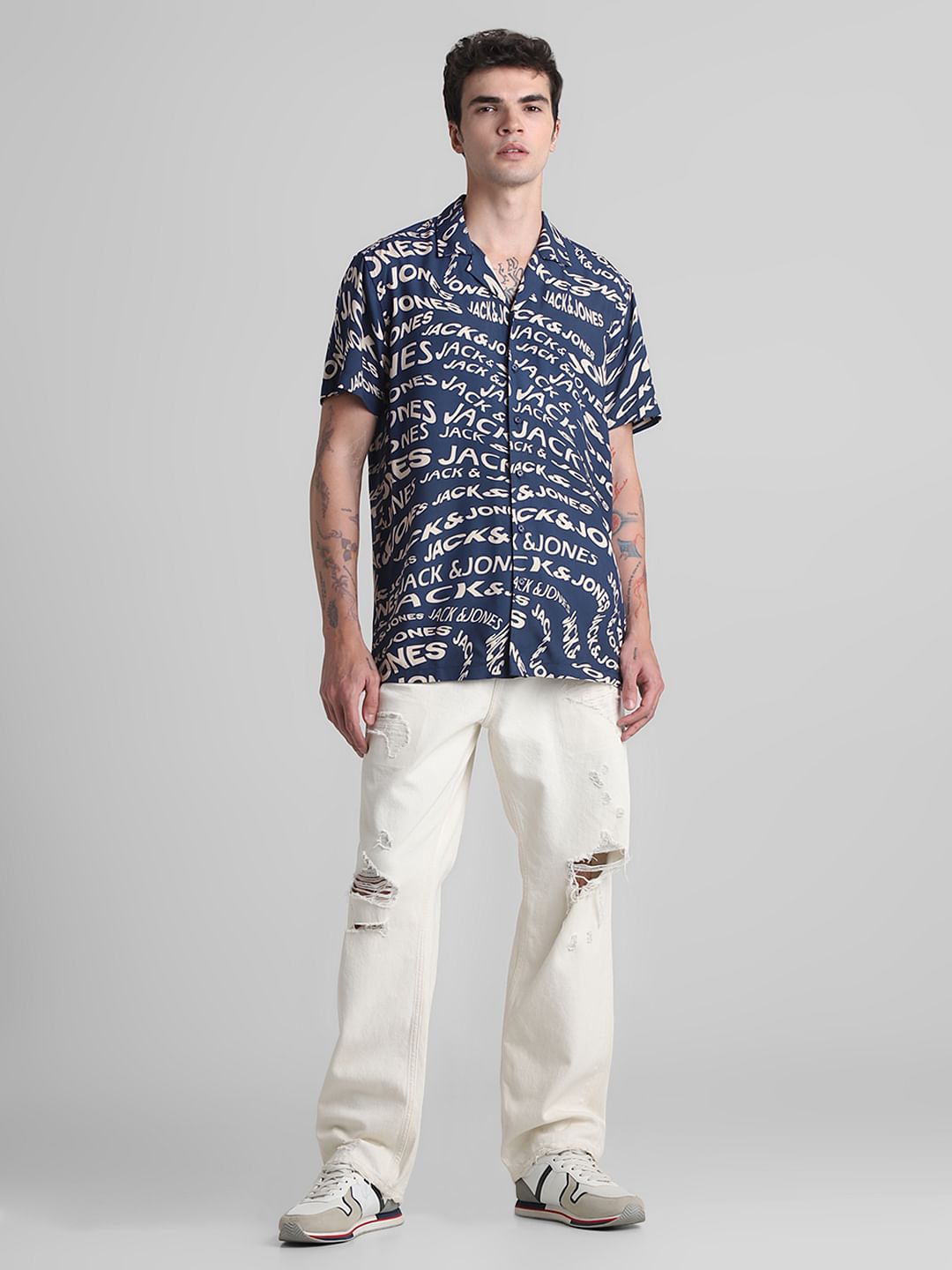 Blue Typographic Print Short Sleeves Shirt