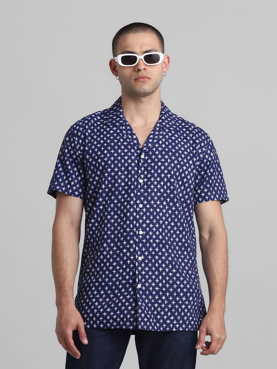 Blue Printed Short Sleeves Shirt - S