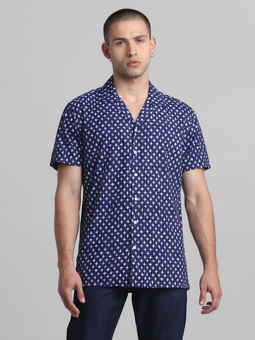 Blue Printed Short Sleeves Shirt