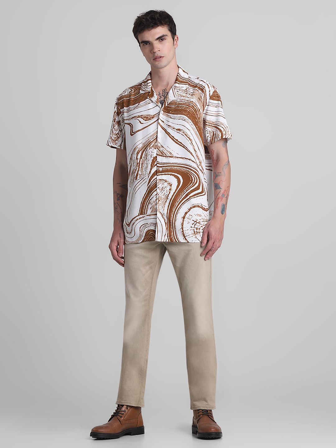 Brown Abstract Print Short Sleeves Shirt