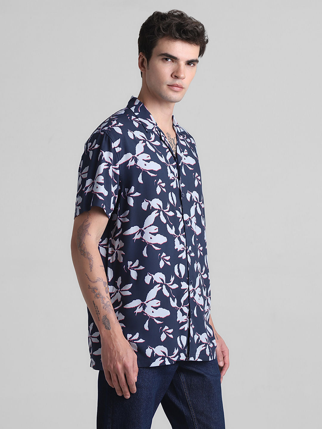 Dark Blue Floral Short Sleeves Shirt