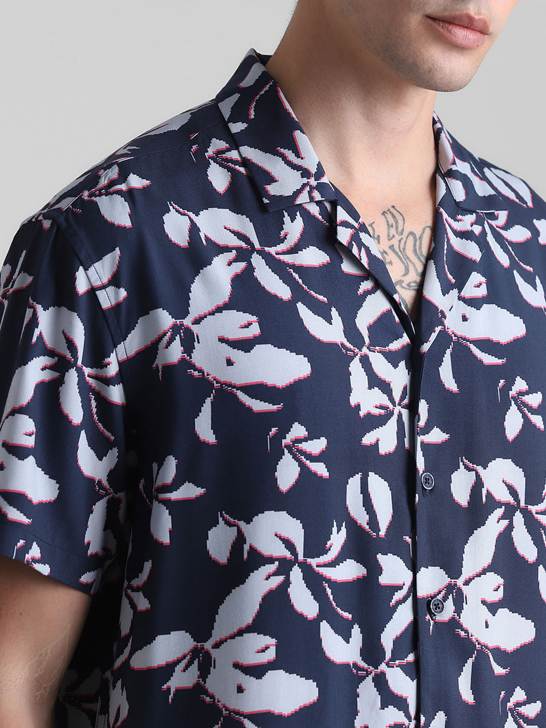 Dark Blue Floral Short Sleeves Shirt