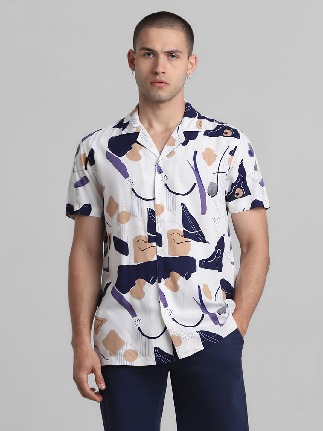 White Abstract Print Short Sleeves Shirt