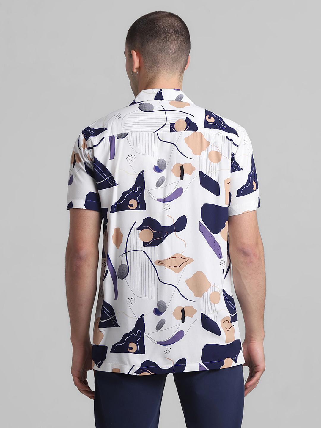 White Abstract Print Short Sleeves Shirt