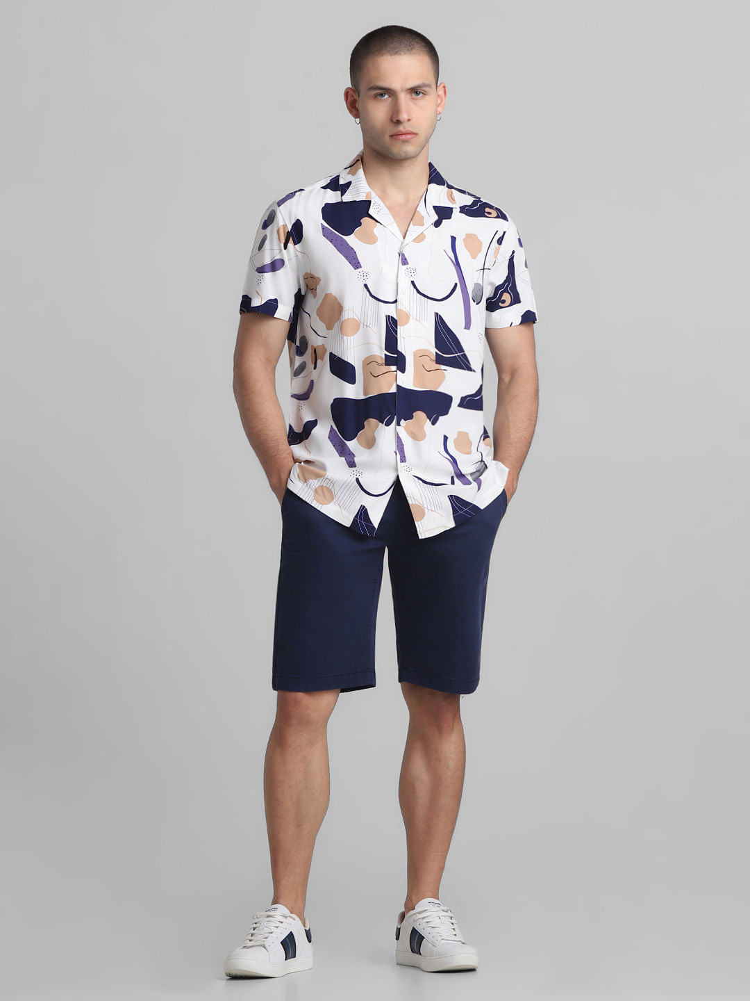 White Abstract Print Short Sleeves Shirt