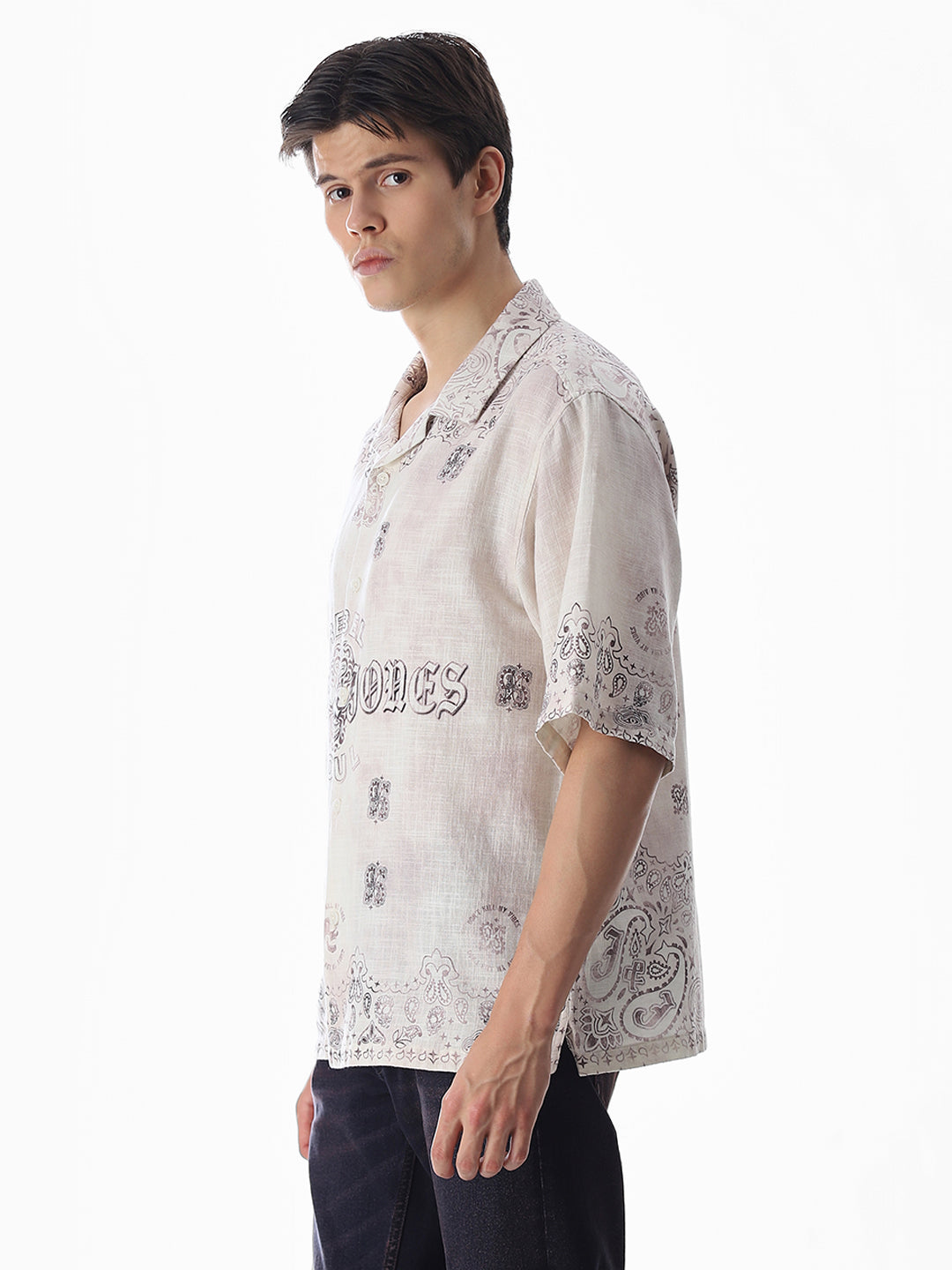 Beige Printed Viscose Oversized Shirt