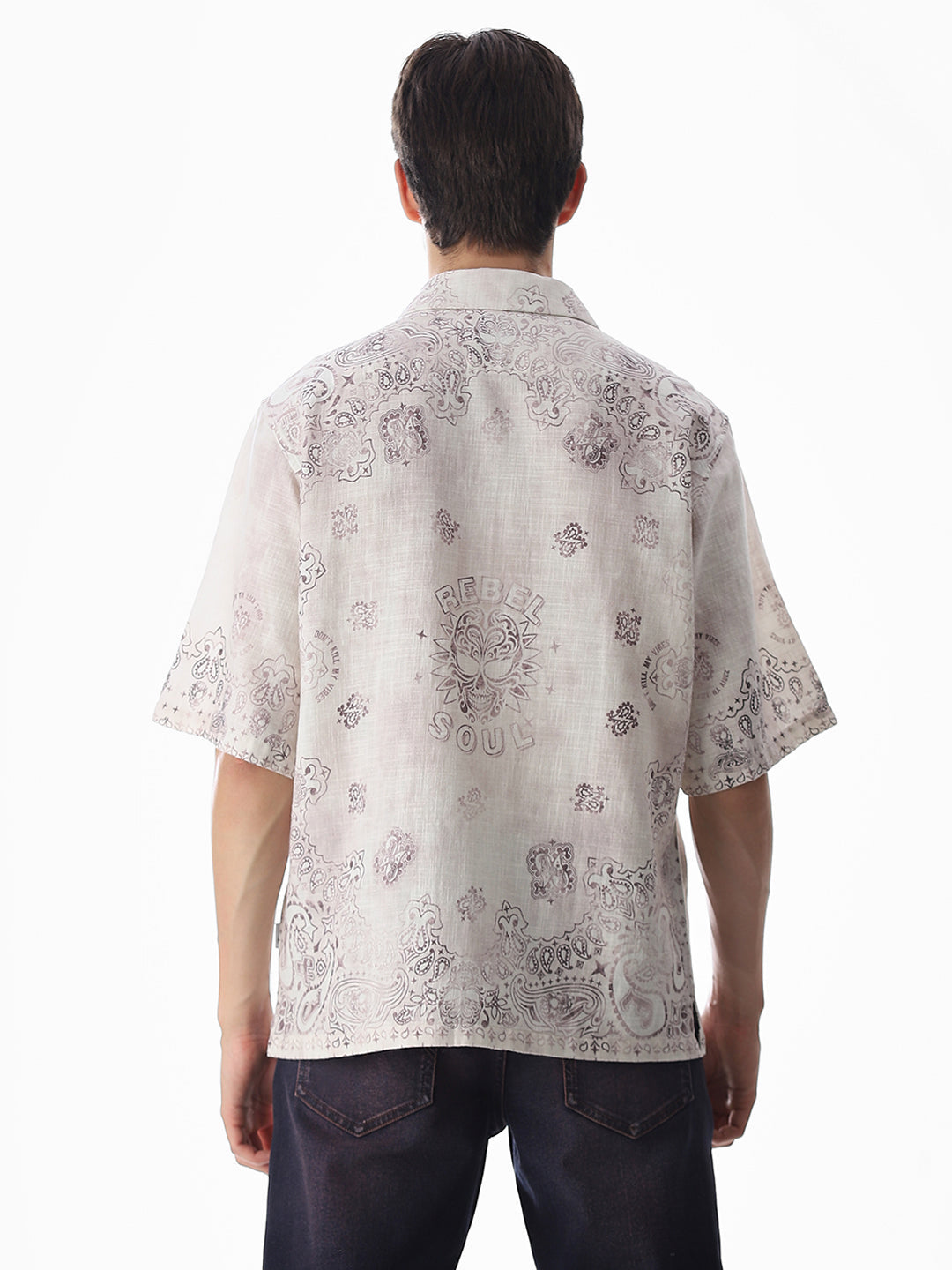 Beige Printed Viscose Oversized Shirt