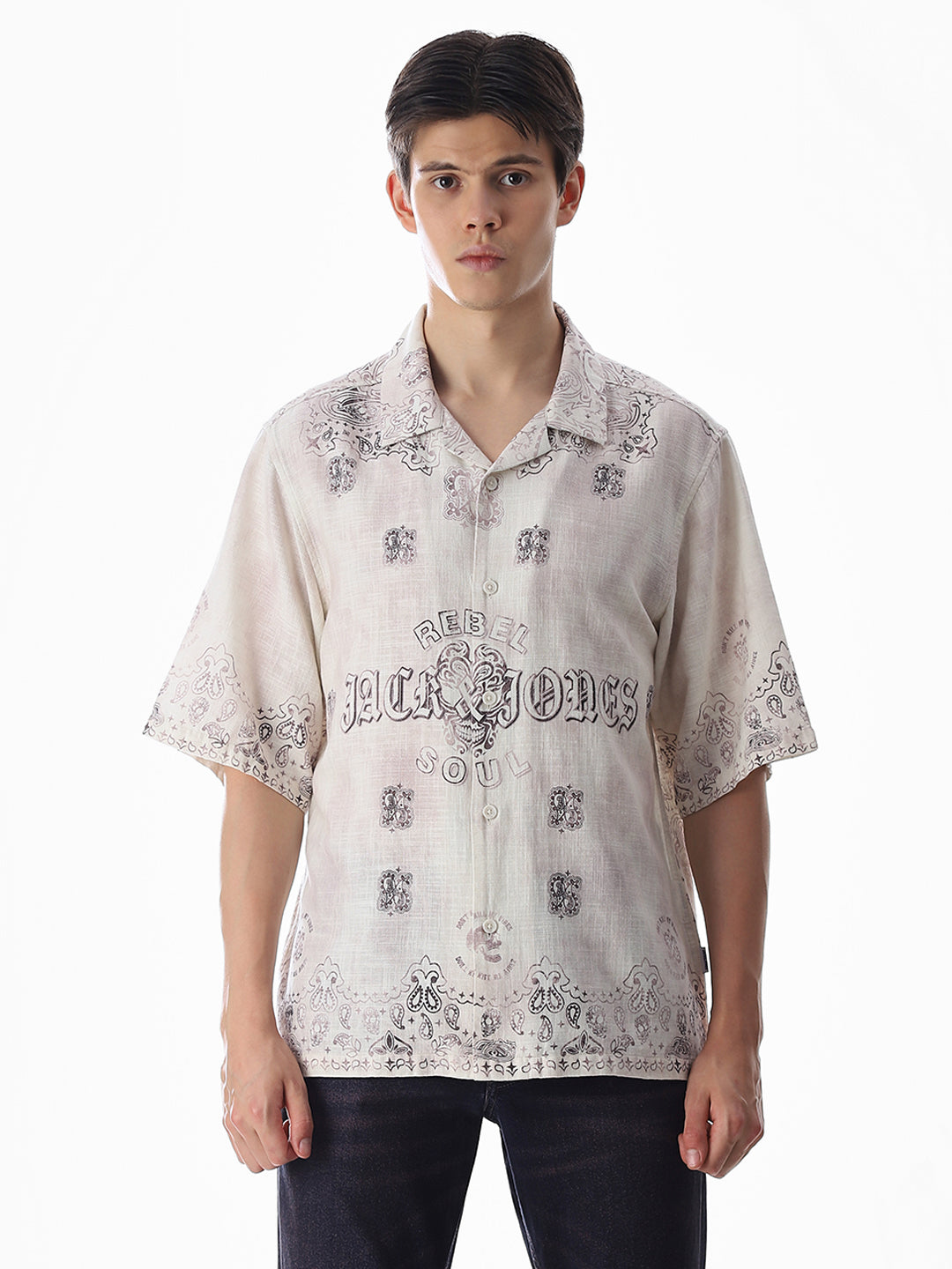 Beige Printed Viscose Oversized Shirt