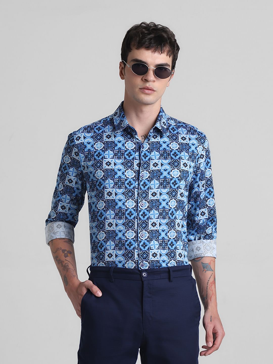 Blue Printed Full Sleeves Shirt