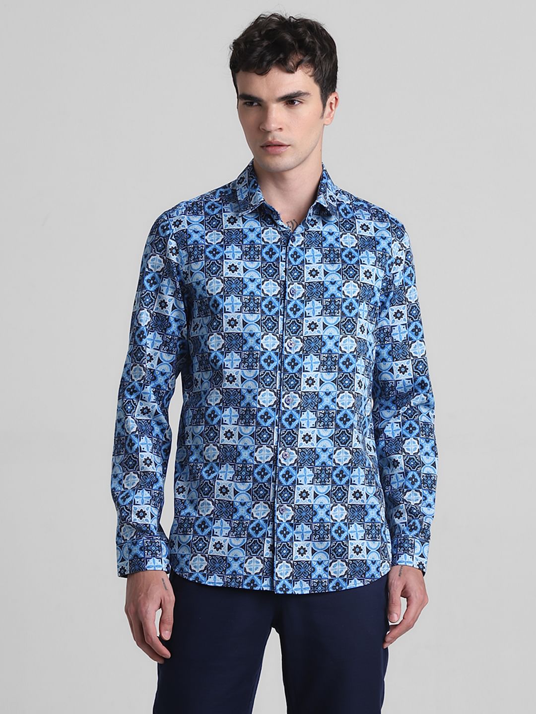 Blue Printed Full Sleeves Shirt