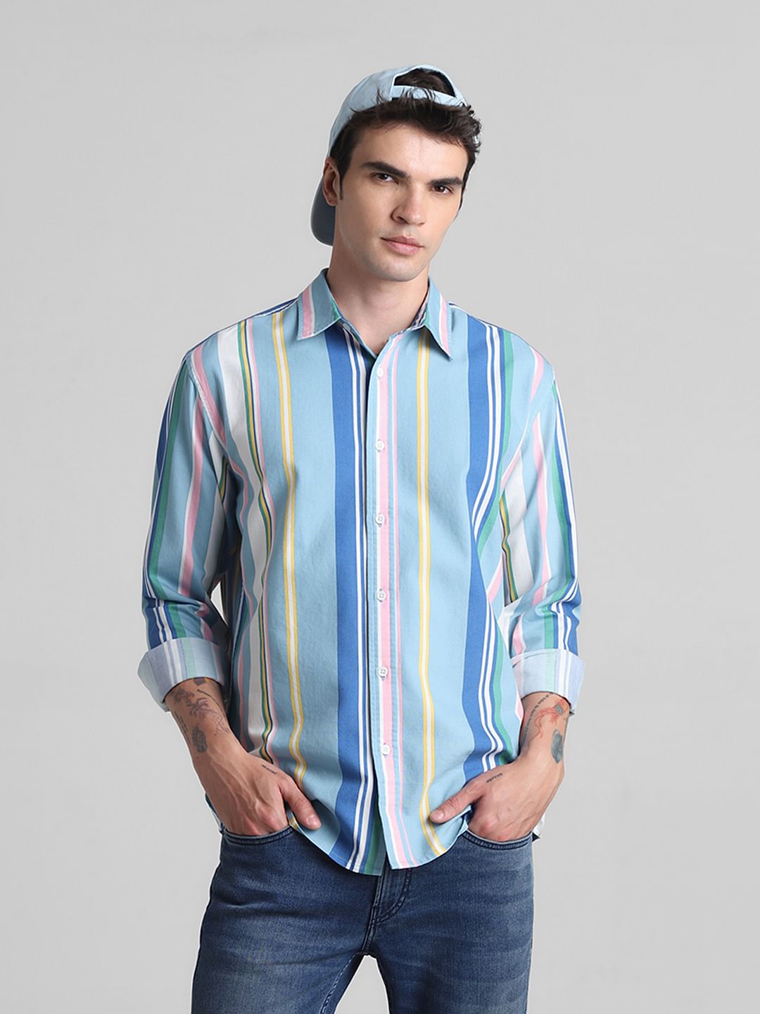 Blue Striped Full Sleeves Shirt - S