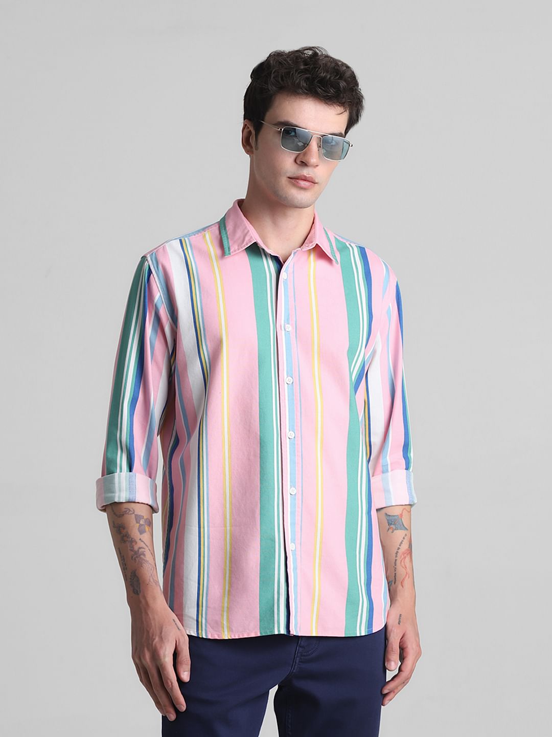 Pink Striped Full Sleeves Shirt - L