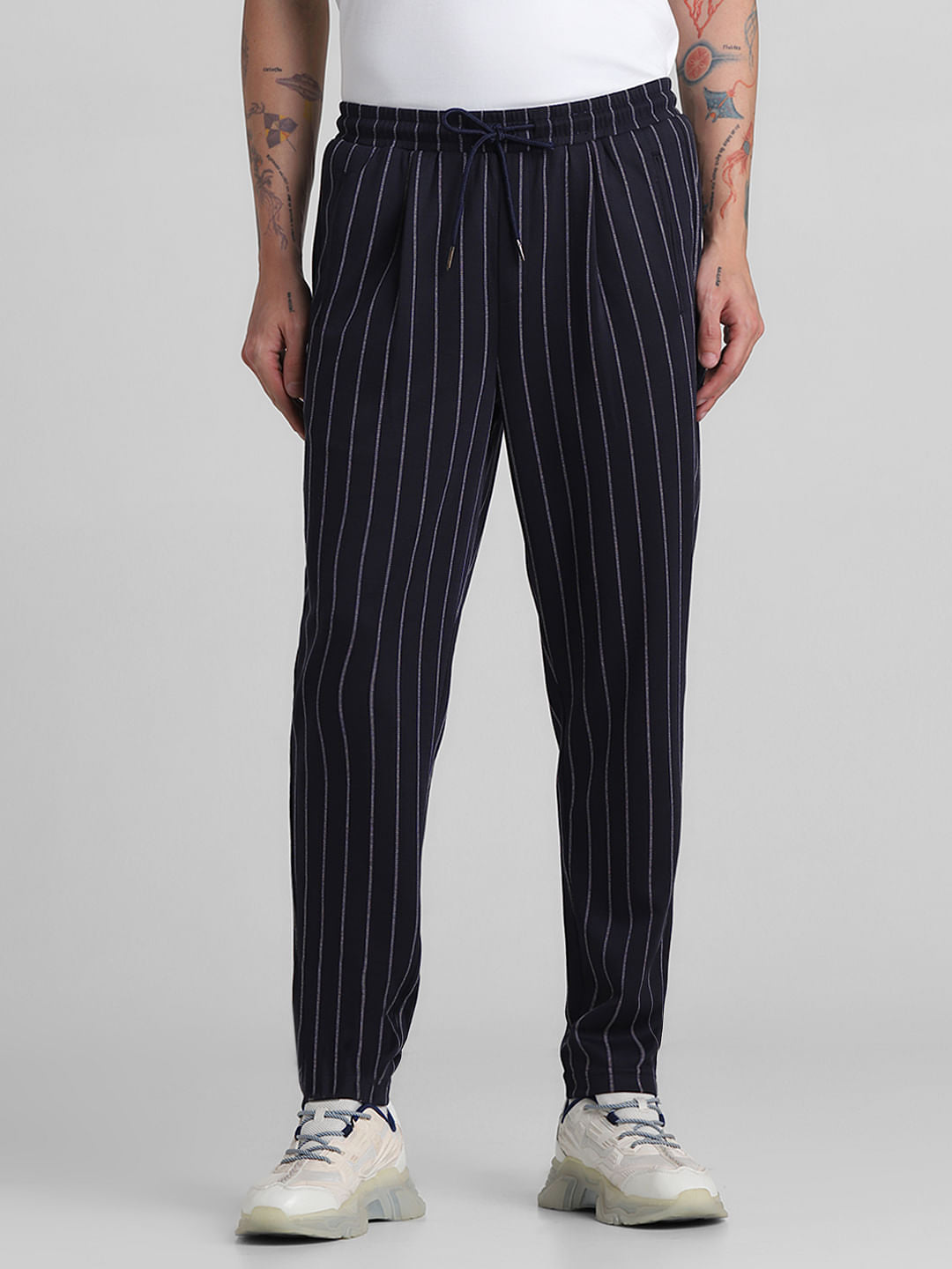 Blue Mid Rise Striped Jogger Pants