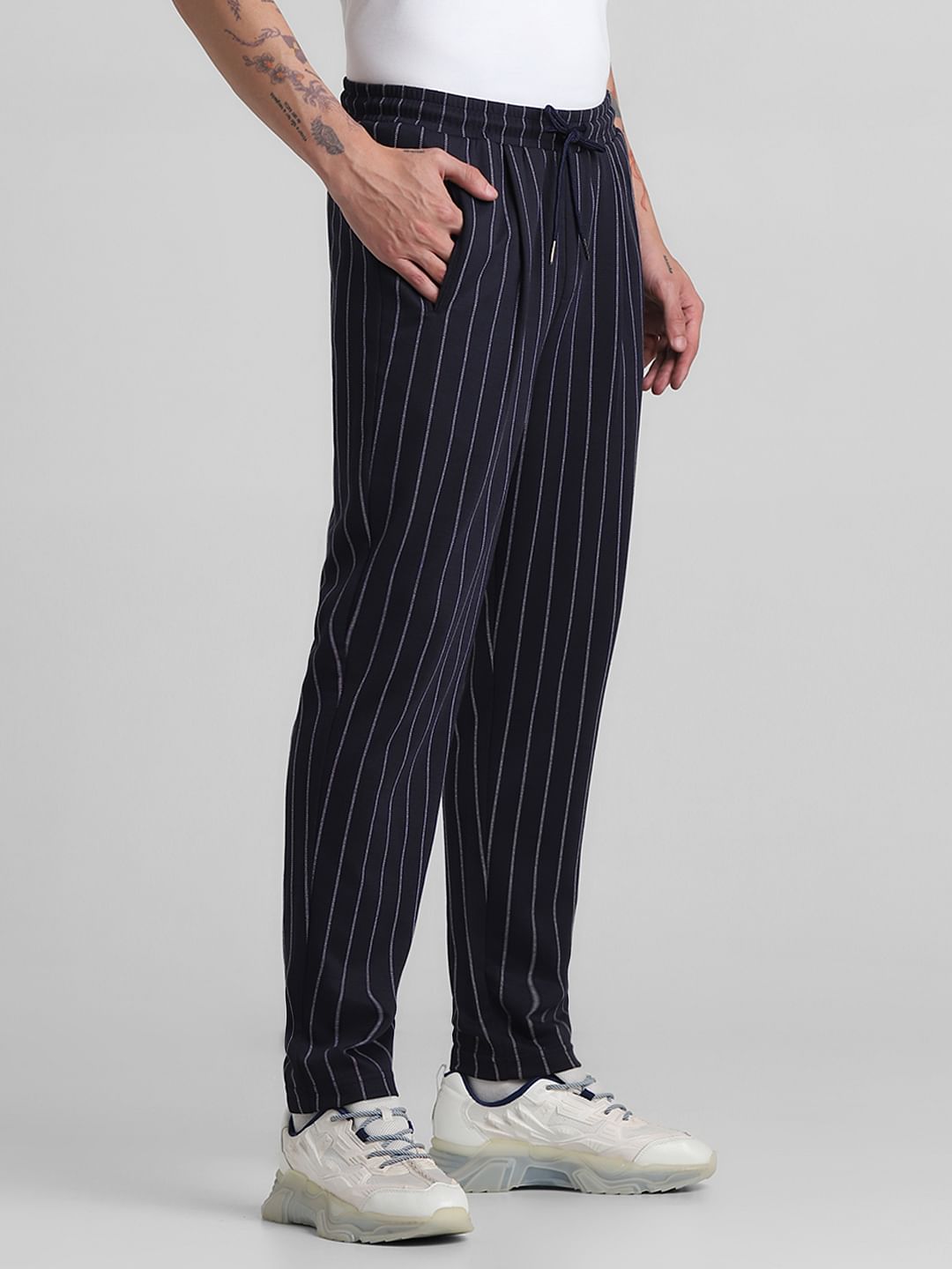 Blue Mid Rise Striped Jogger Pants