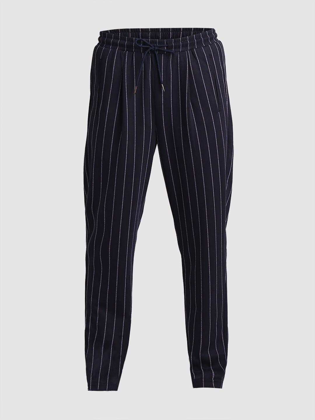 Blue Mid Rise Striped Jogger Pants