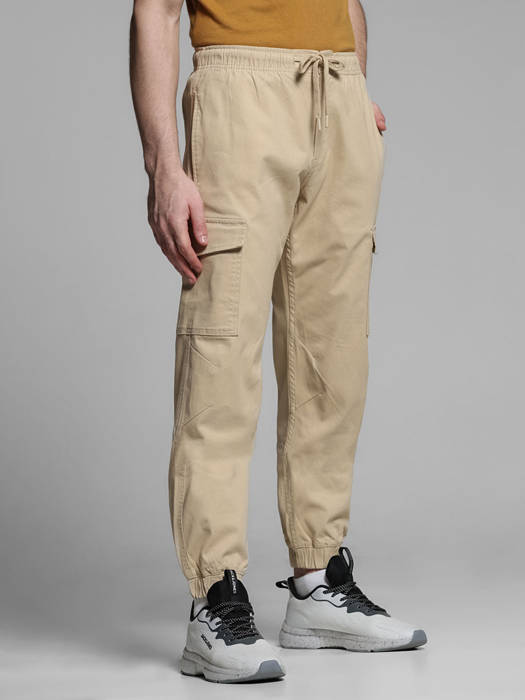 Khaki Mid Rise Cotton Cargo Trousers