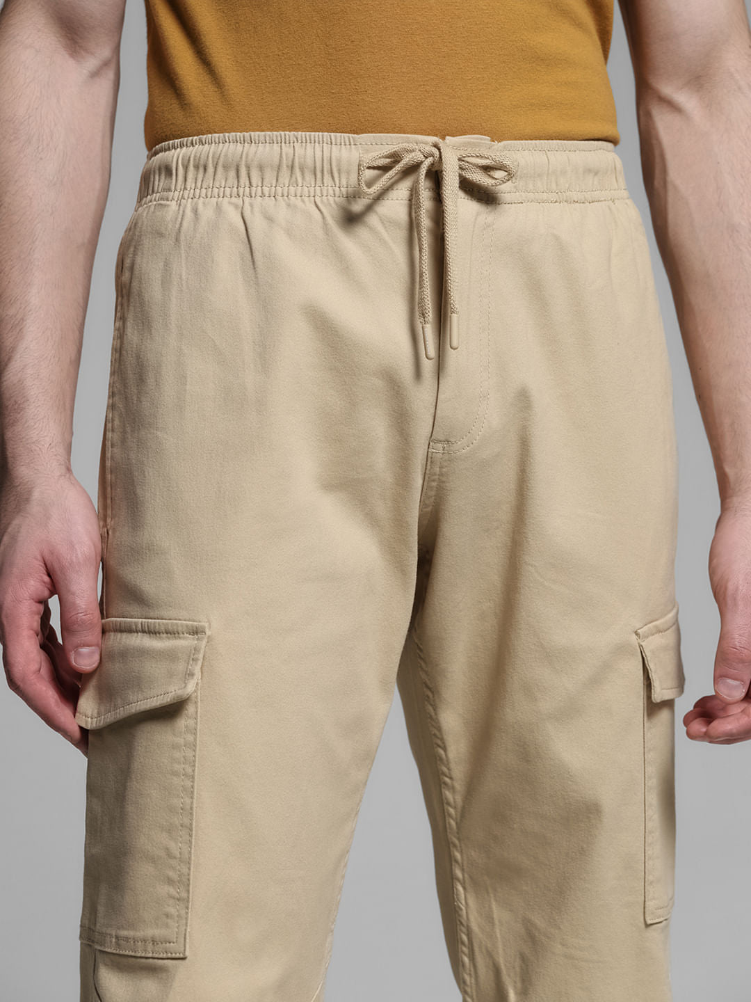 Khaki Mid Rise Cotton Cargo Trousers