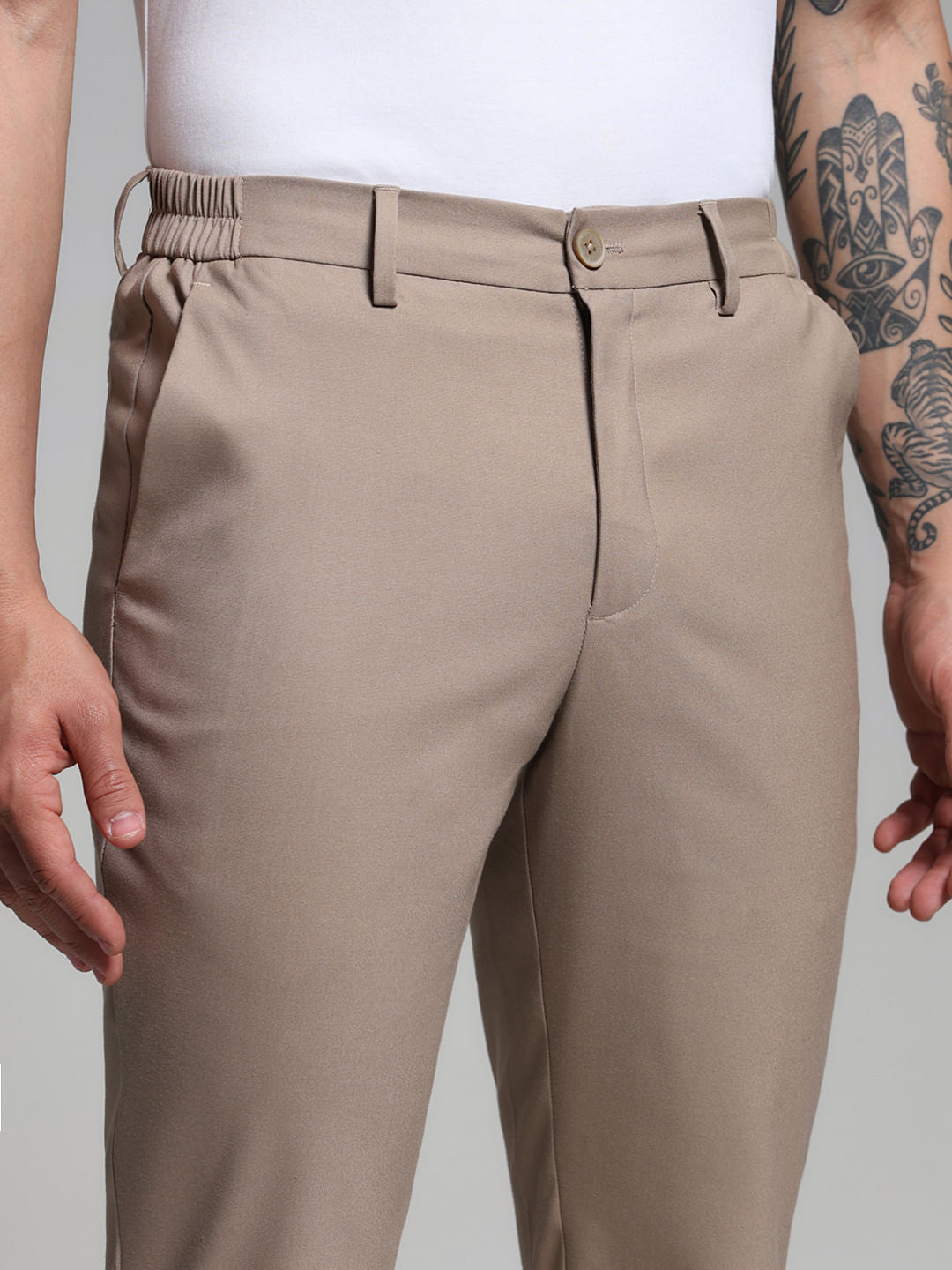 Beige Mid Rise Slim Fit Pants
