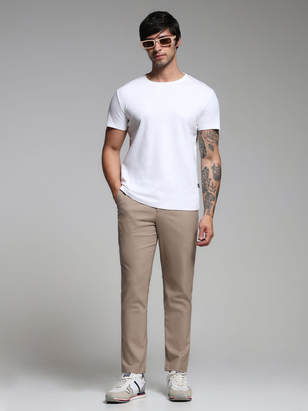 Beige Mid Rise Slim Fit Pants