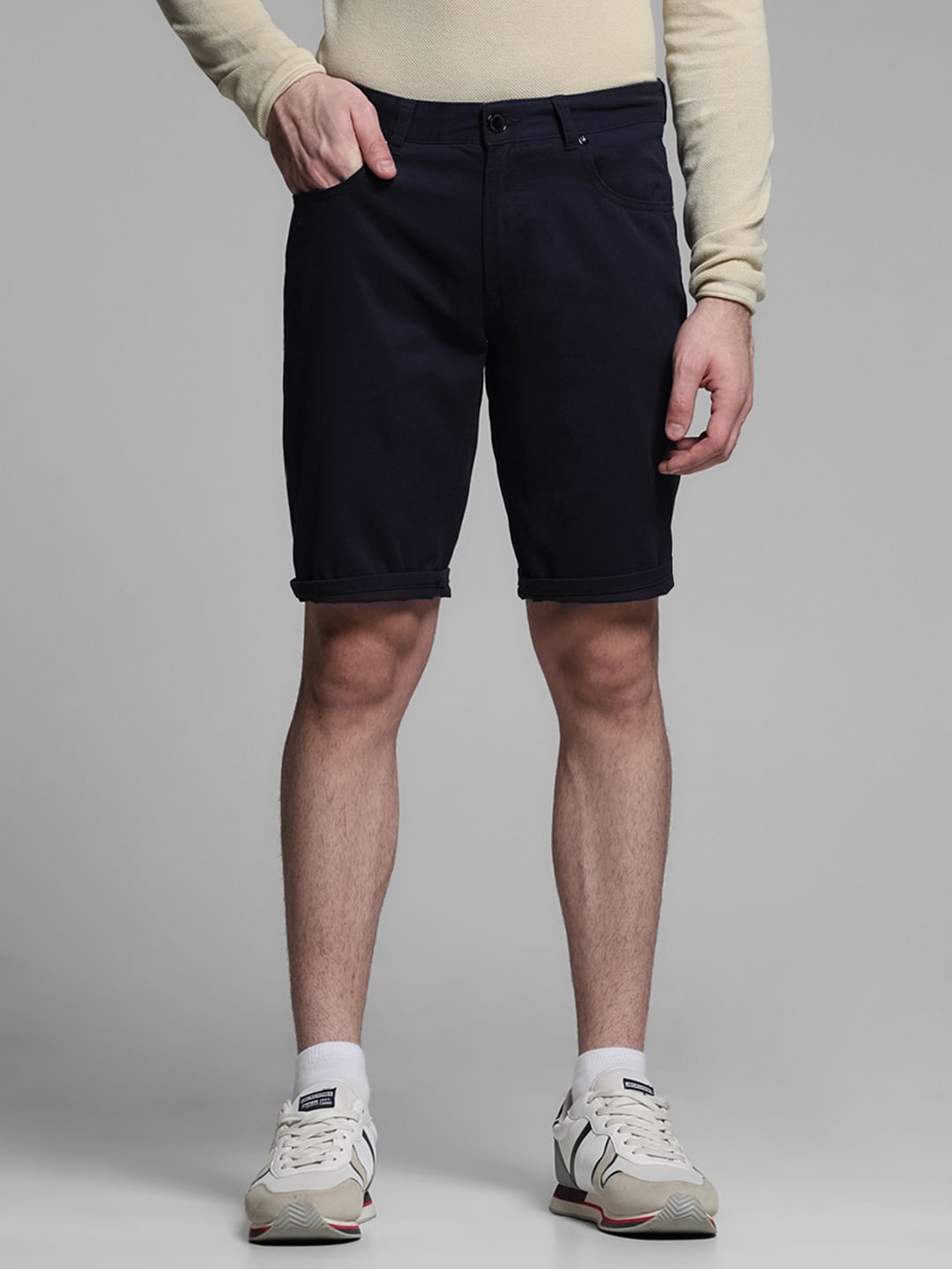 Navy Blue Mid Rise Cotton Shorts - S