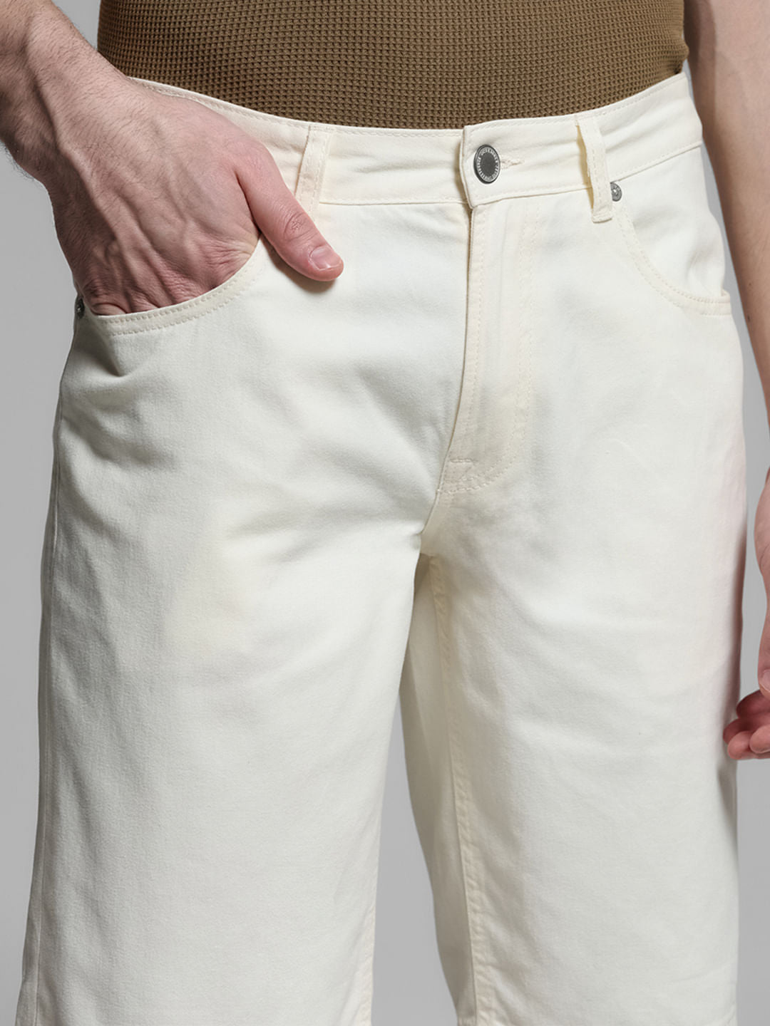 Beige Mid Rise Cotton Shorts