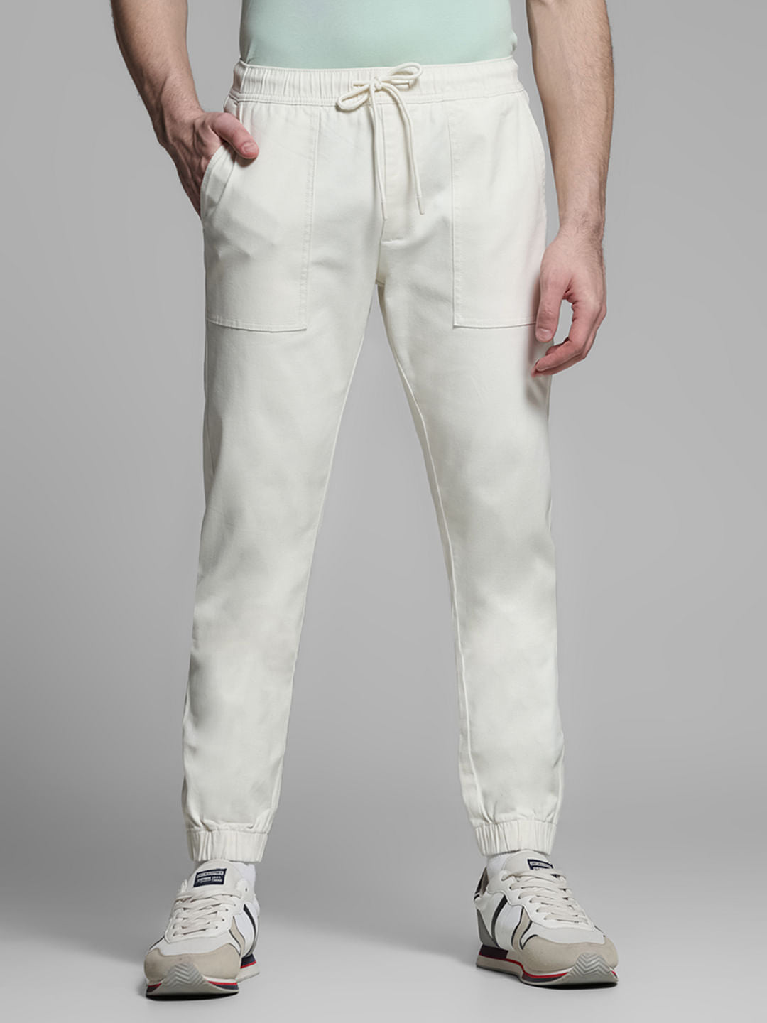 Beige Mid Rise Cotton Jogger Pants - S