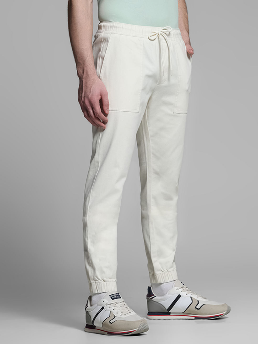 Beige Mid Rise Cotton Jogger Pants