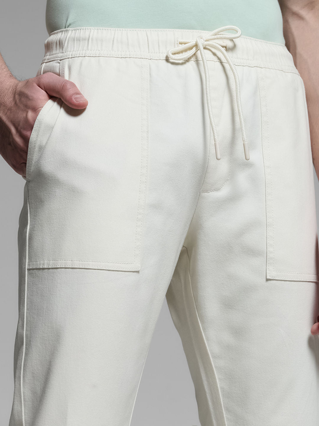 Beige Mid Rise Cotton Jogger Pants