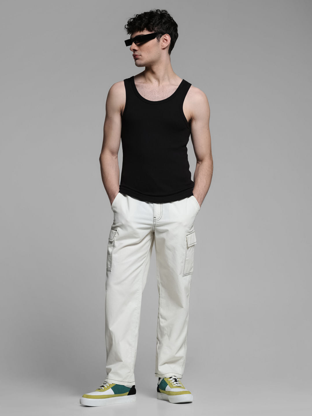 Beige Mid Rise Cotton Jogger Pants