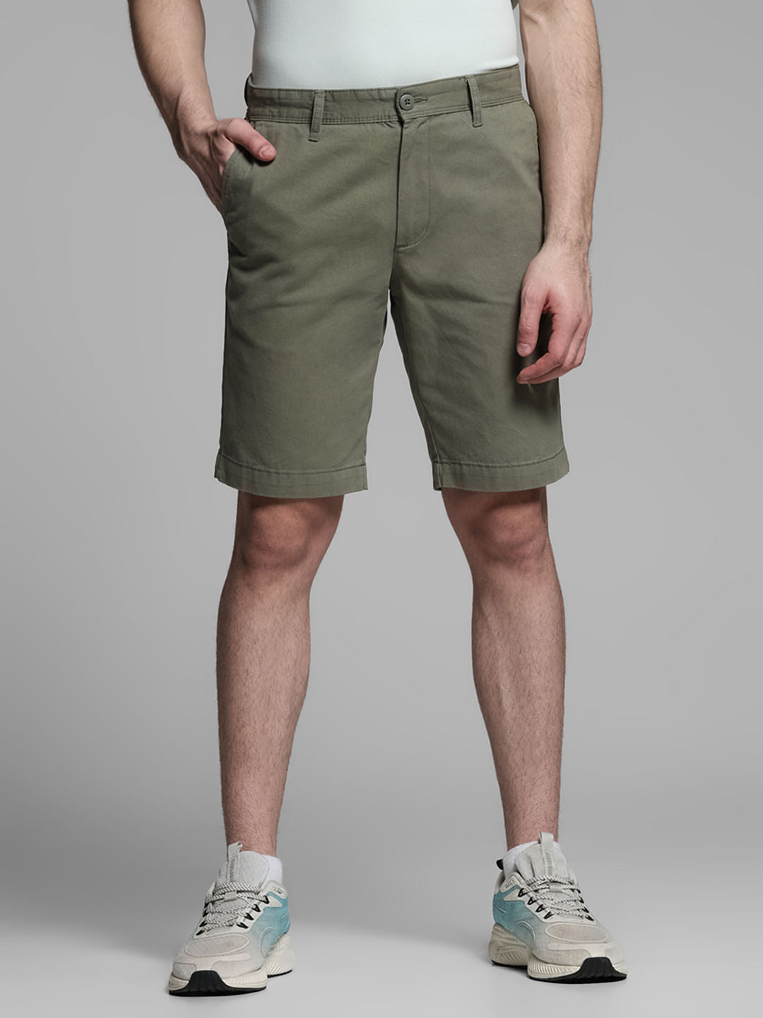 Green Mid Rise Cotton Shorts