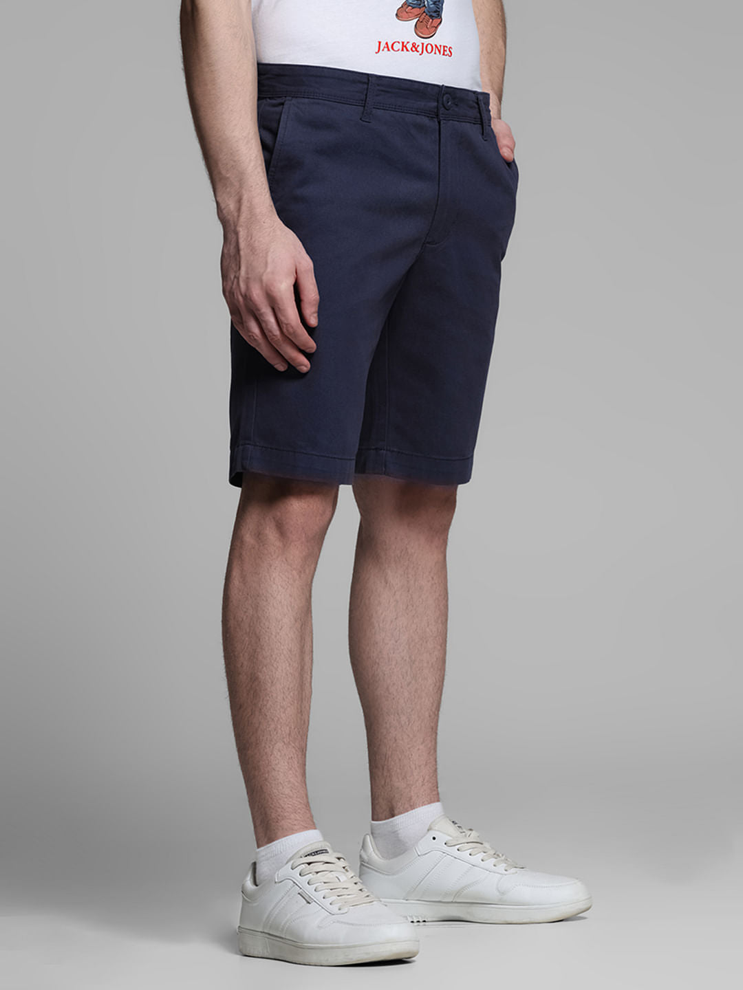 Dark Blue Mid Rise Cotton Shorts