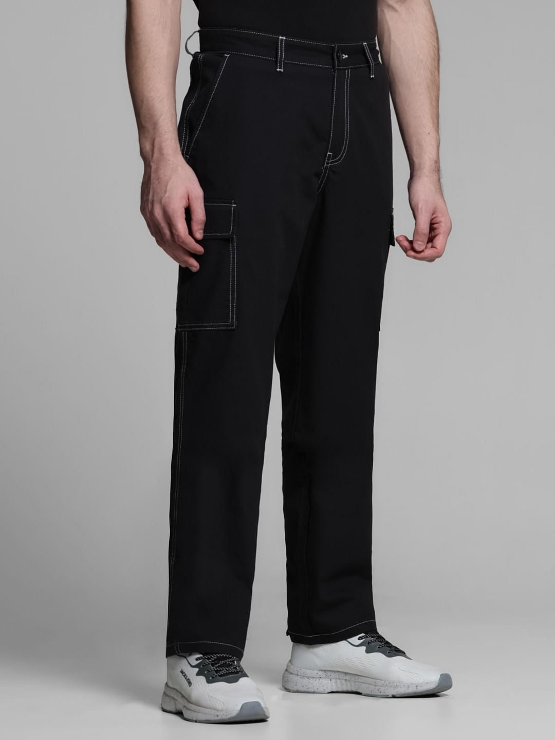 Black Contrast Stitch Cargo Trousers