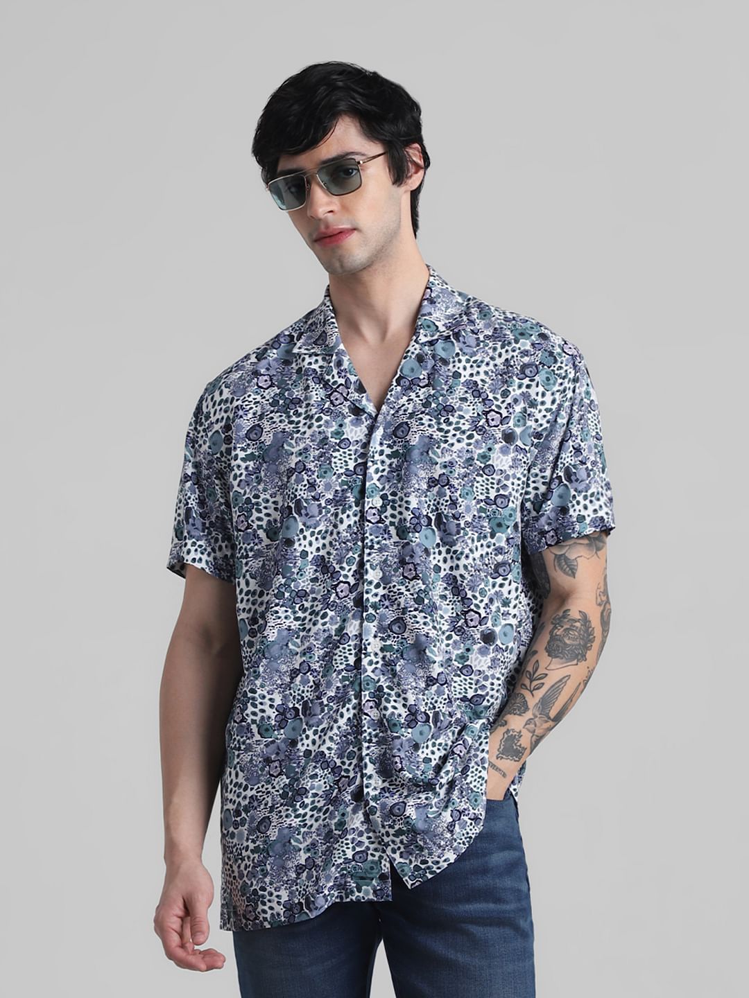 White & Blue Floral Print Shirt - S