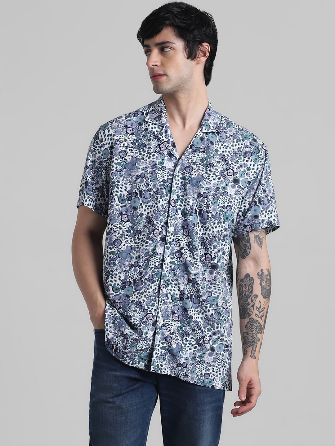 White & Blue Floral Print Shirt