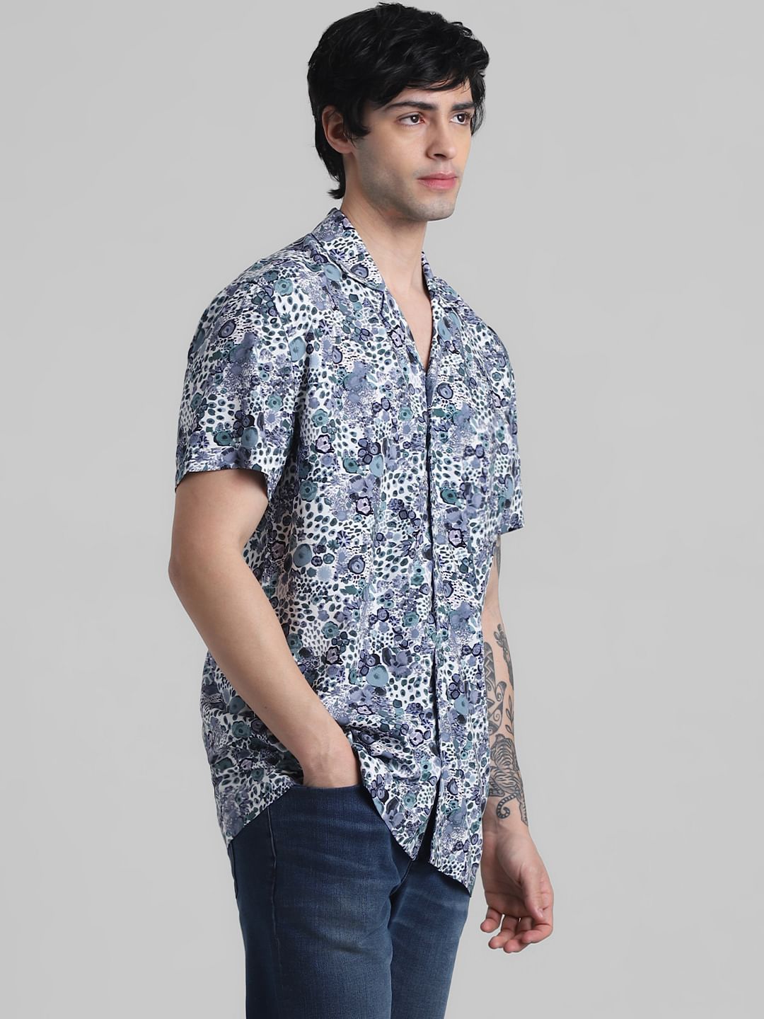 White & Blue Floral Print Shirt